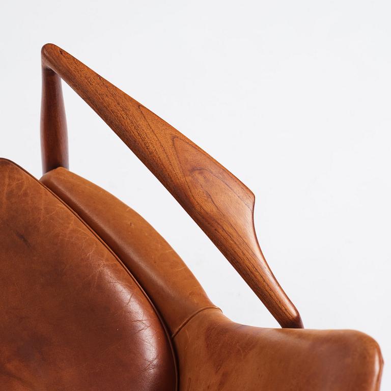 Ib Kofod-Larsen, a teak and cognac coloured leather 'Sälen' easy chair, Olof Perssons Fåtöljindustri (OPE), Sweden, 1950-60s.