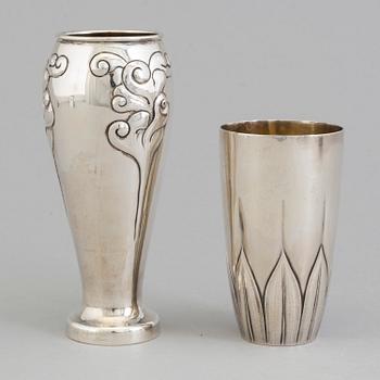 Two Danish Art Nouveau parcel-gilt vases, maker's mark A Michelsen, Copenhagen, 1902 and unknown maker, Copenhagen 1909.