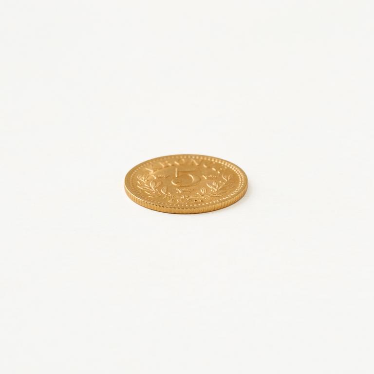 Gold coin, Oscar II, Sweden, 5 kronor, 1894.