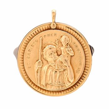 A 14K gold and steel medallion with knives.