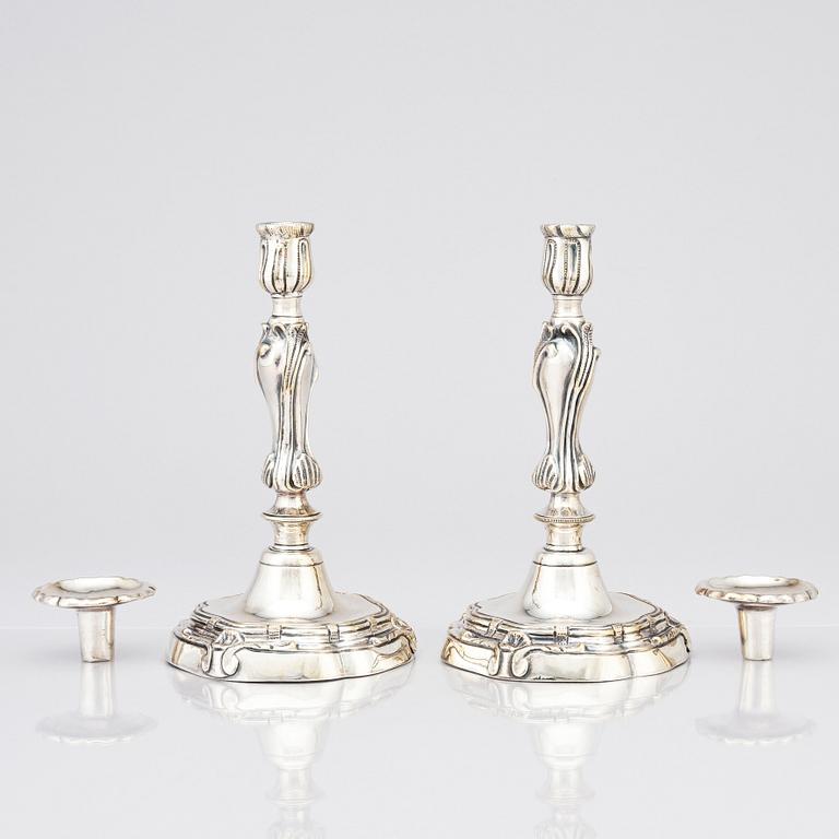 A pair of Rococo candlesticks by Stephen (Friedrich) T. Lemair, (privilge in Stockholm 1762), 1763.