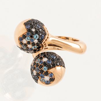 Pasquale Bruni, Ring/Cocktail Ring in 18K Gold with Round Brilliant Cut Diamonds and Sapphires, Milan Italy.