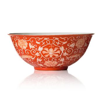 1013. A coral red reverse decorated lotus bowl, Qing dynasty with Daoguang mark in underglaze blue.