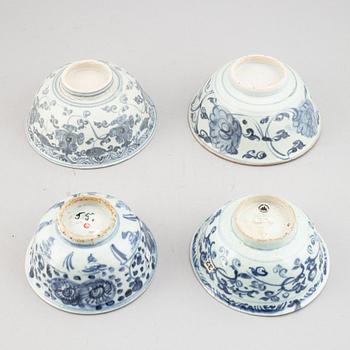 A group of four blue and white bowls, Ming dynasty (1368-1644).