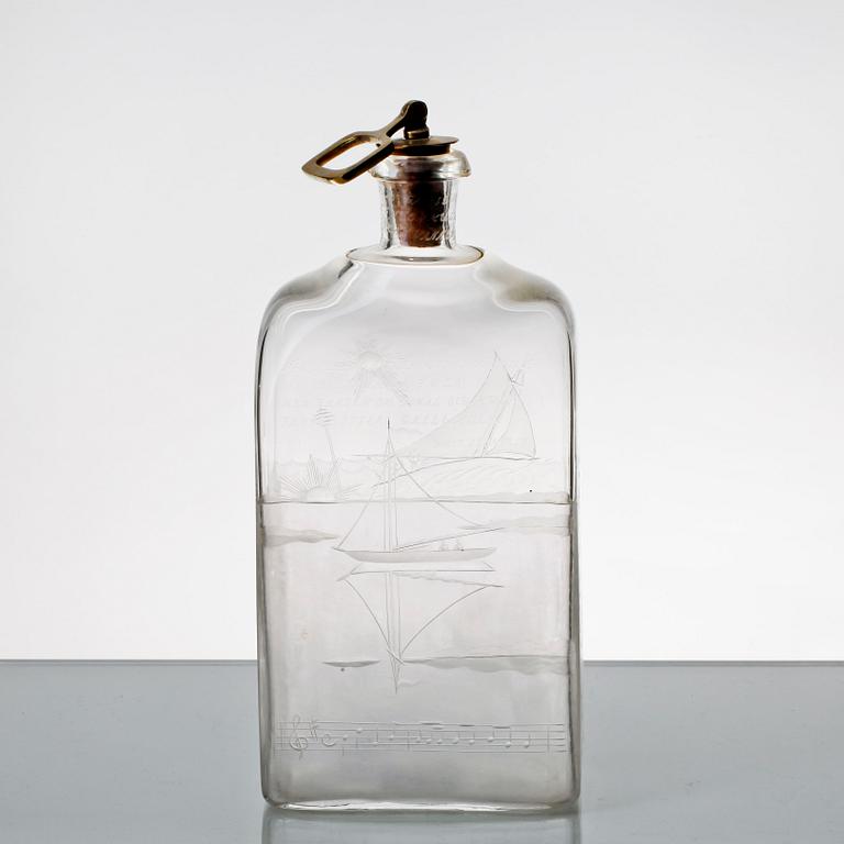 BRÄNNVINSFLASKA, glas, Edvard Hald, Orrefors, signerad o daterad -26.
