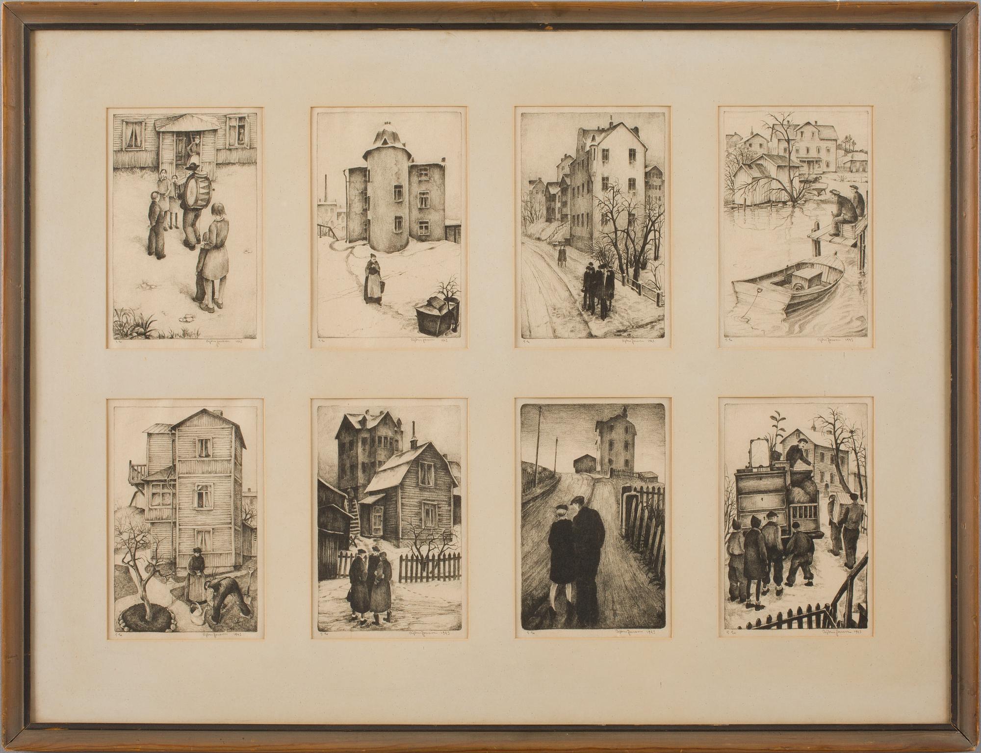 BJÖRN JONSSON, litografier, 8 st samramade, sign o dat 1943.