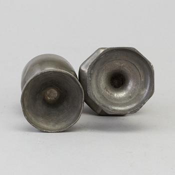 TWO 18TH CENTURY PEWTER SHAKERS.