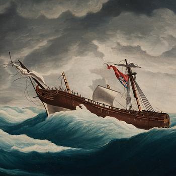 Two Chinese Export paintings of East Indiamen, Qing dynasty, circa 1800.