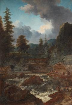 Allaert van Everdingen Attributed to, Landscape with figures by a waterfall.