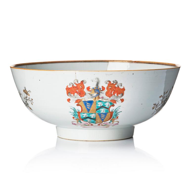 A famille rose and grisaille armorial punch bowl, Qing dynasty, 18th century.