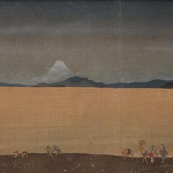 KATSUSHIKA HOKUSAI (1760–1849), efter, färgträsnitt på textil. Japan, "Shell Gathering", 1900-tal.