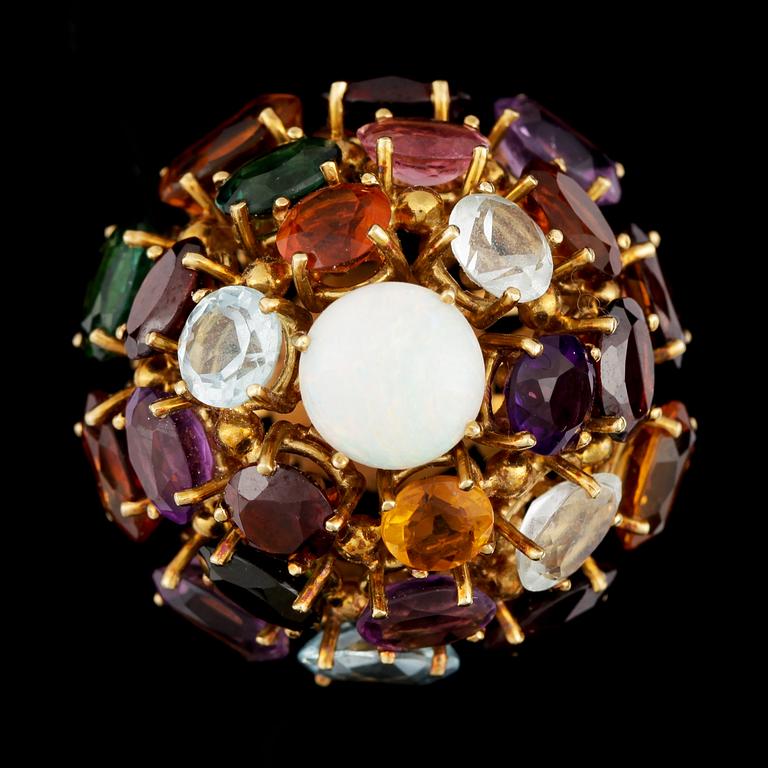 RING, 18k guld, olikfärgade ädelstenar samt opal. Total vikt ca 26 g.