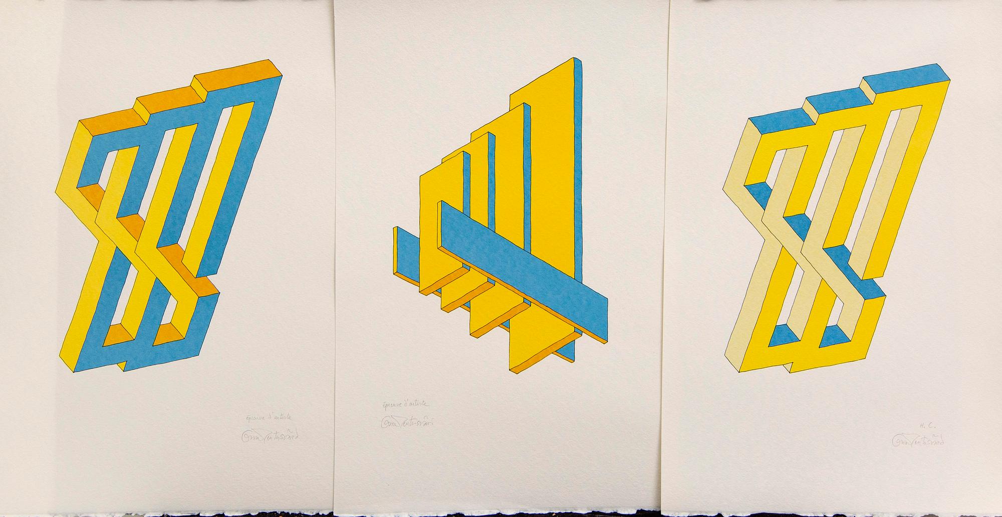 Oscar Reutersvärd, six color lithographs, signed épreuve d'artiste.