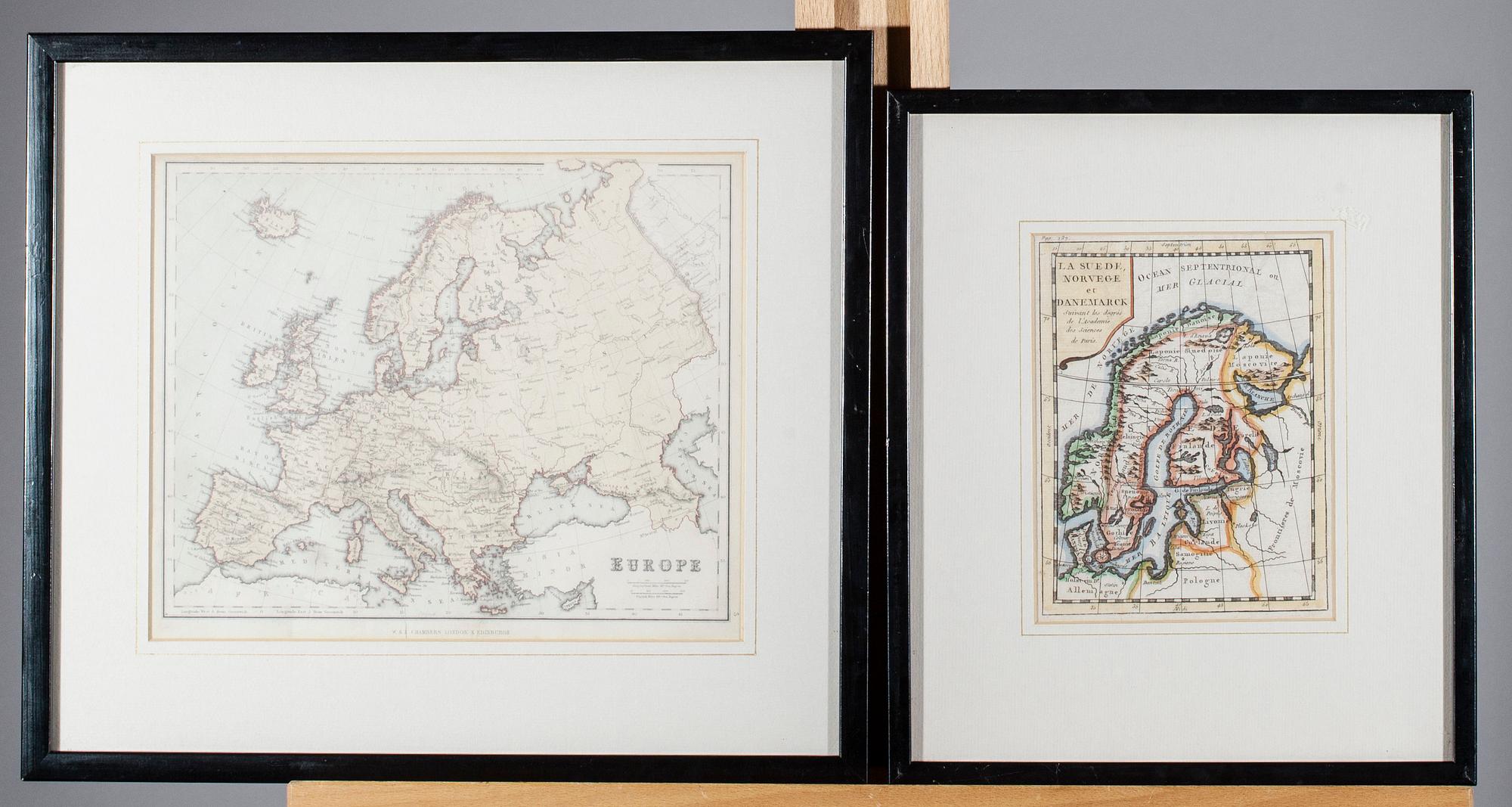 KARTOR, 2 st, 1800-tal, La Suede, Norwege & Danemarck ja  Europe.