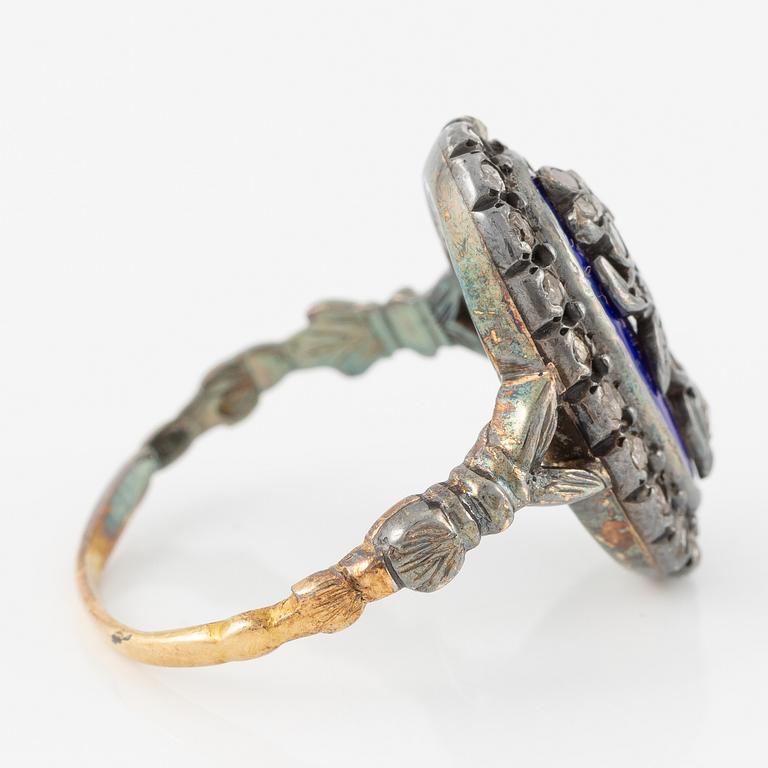 Ring, silver med koboltblå emalj och rosenslipade diamanter, med blommotiv.