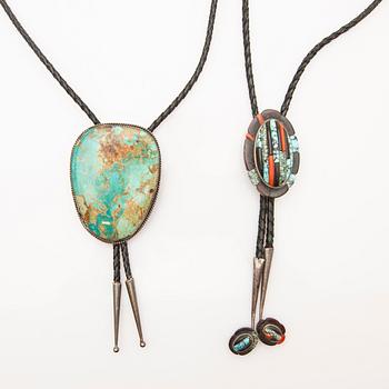 Cowboy ties, 2 pcs, sterling silver with turquoises and stones, and a necklace.