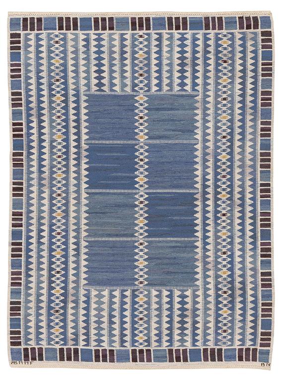 Barbro Nilsson, a carpet, 'Salerno blå', flat weave, c. 245 x 182 cm, signed AB MMF BN.