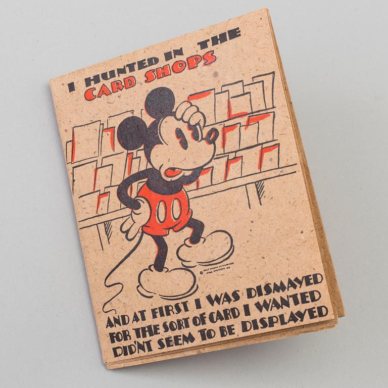 a Mickey Mouse wooden figure and a borthday card, Ringqvists Tryckeri och kartongfabrik, Norrköping 1946.