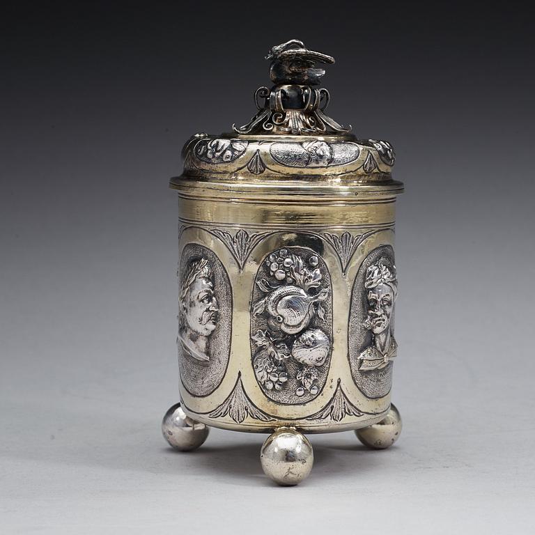 A German late 17th century parcel-gilt beaker and cover, marks of Jacob Pfaff, Nürnberg (1677-1708).