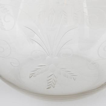 A punch bowl and mugs, glass, mid 20th century.