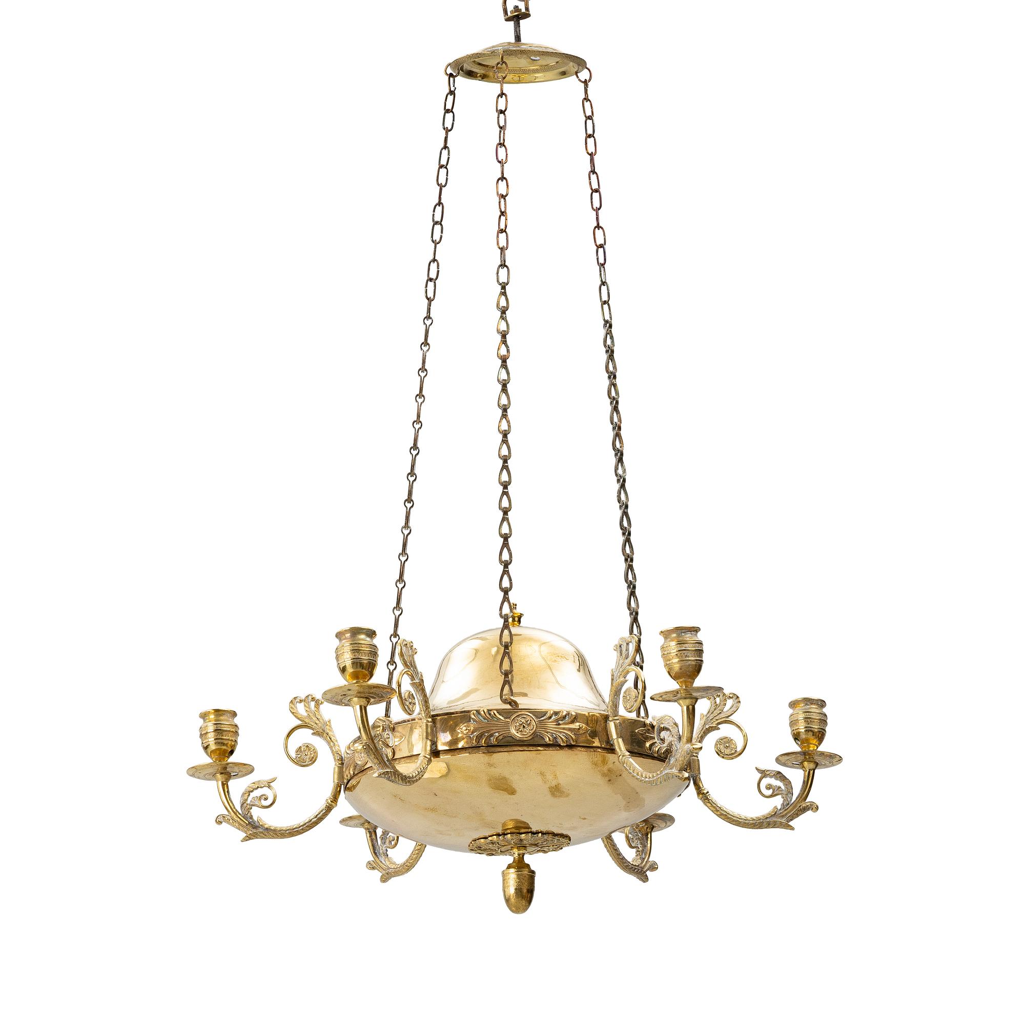 A Swedish Empire gilt brass six-branch chandelier, early 19th century.
