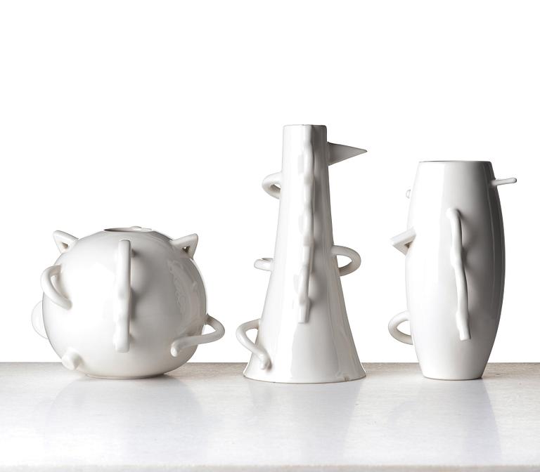 Alessandro Mendini, a set of three post modern white glazed "Dealbata" ceramic vases, Zanotta, Italy post 1987.