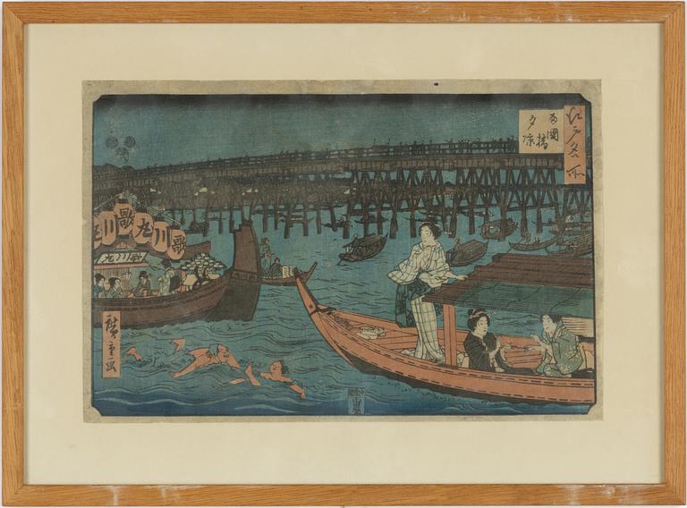 Ando Hiroshige, efter, träsnitt, 'Enjoying the evening cool at Ryogoku Bridge'.