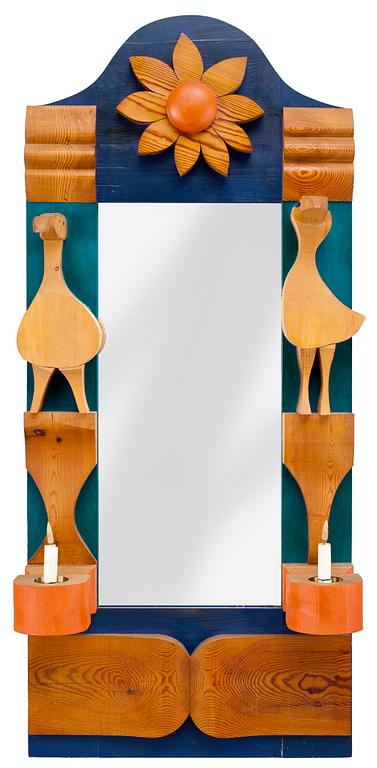 An Erik Högland painted wooden mirror, Eriksmålaglas, Sweden 1960's-70's.