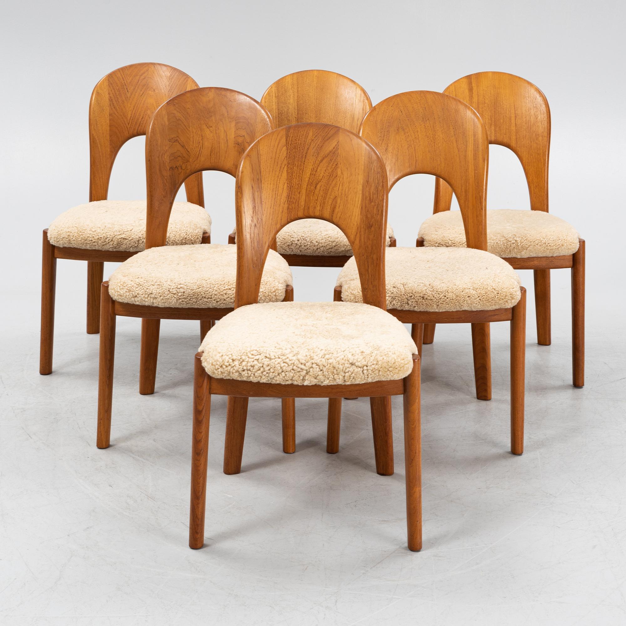 Niels Koefoed, six teak dining chairs upholstered in new sheep skin, Denmark, 1960's.