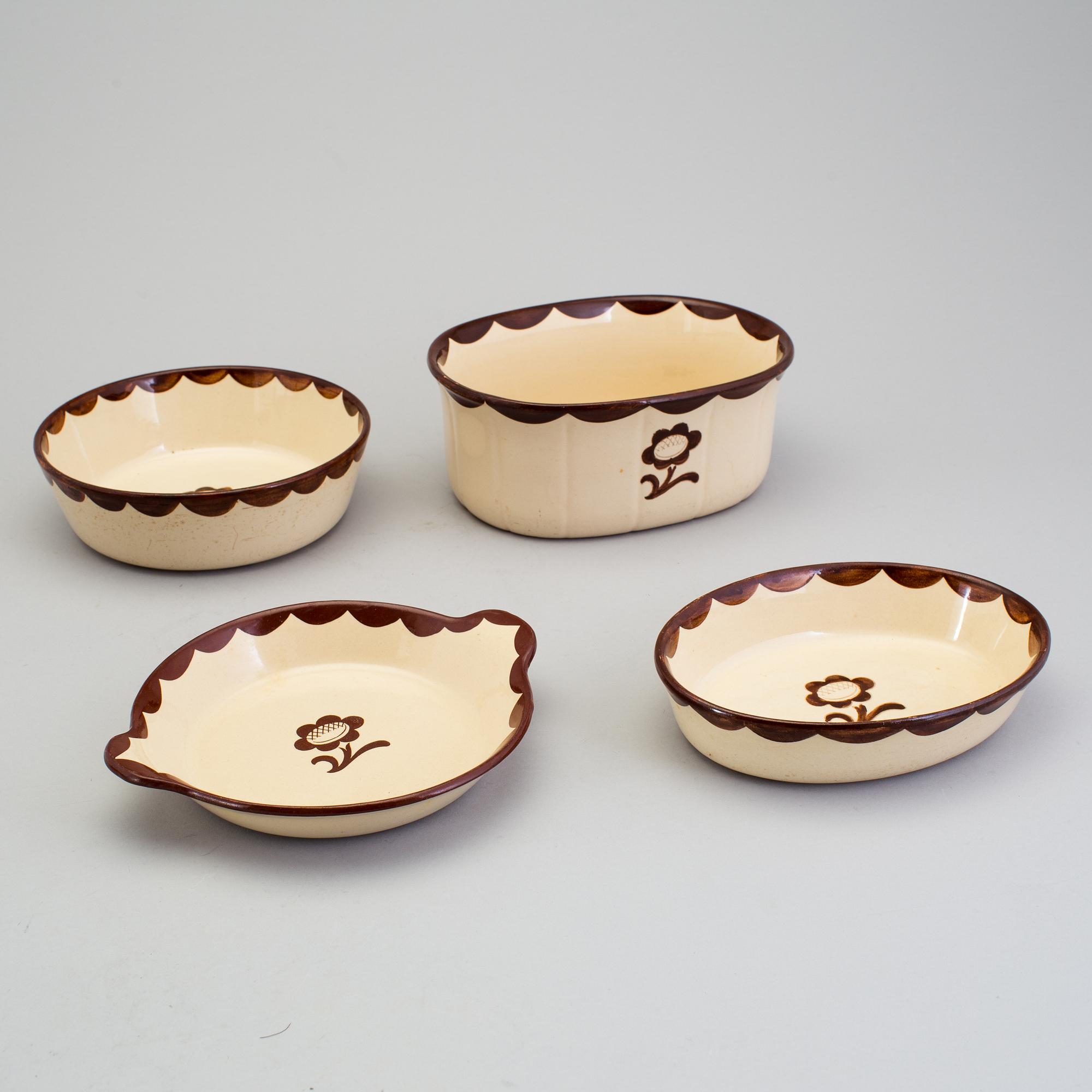 WILHELM KÅGE, servisdelar, 4 st, flintgods, "Pyro brun", Gustavsberg, i produktion 1929-55.