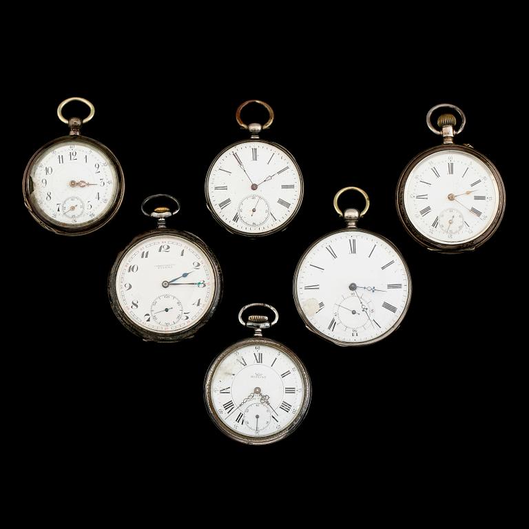 FICKUR, 6 st, varav tre silver, tre vitmetall, bl a Eterna, 1900-talets första hälft.