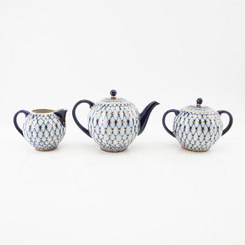 Tea service 15 pcs "Cobalt Net", Lomonosov Soviet Union porcelain.