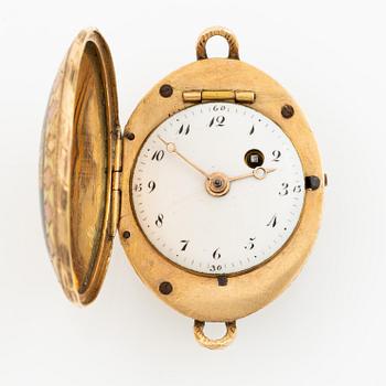 Fickur i form av korg, guld och emalj, Genève, Schweiz, tidigt 1800-tal.