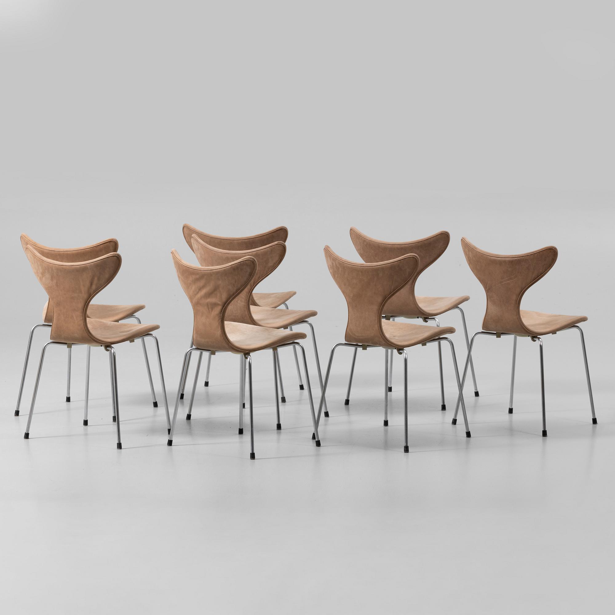 Arne Jacobsen, 8 chairs, “Måsen”/“Liljan”, Fritz Hansen, Denmark.