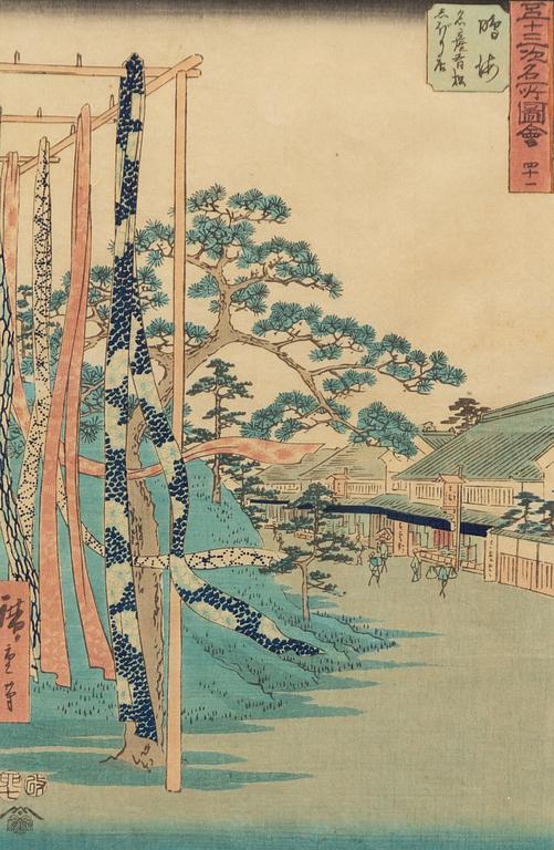 Ando Utagawa Hiroshige, "Narumi, meisan Arimatsu shibori mise".