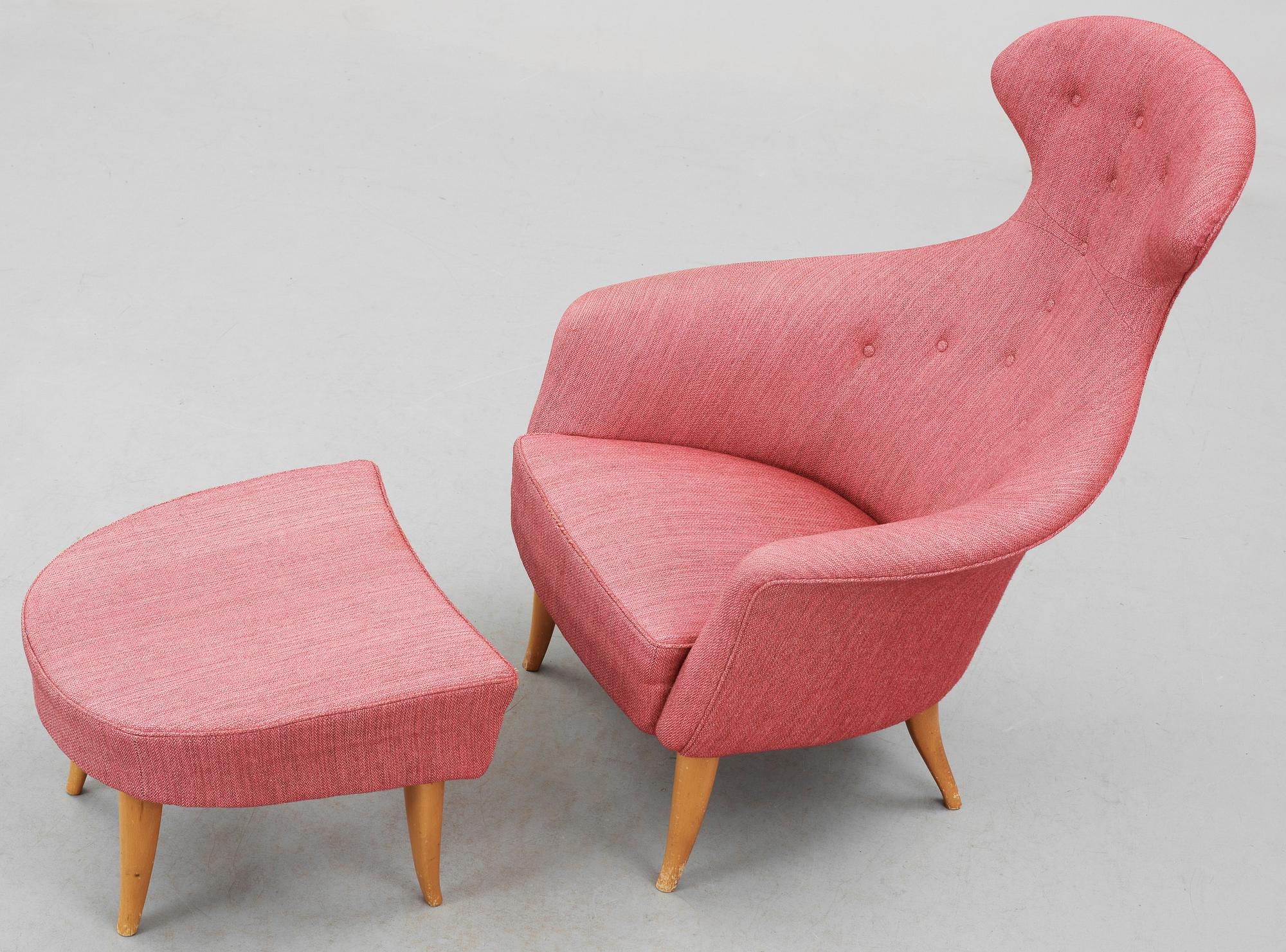 KERSTIN HÖRLIN-HOLMQUIST, fåtölj med fotpall, "Stora Eva", Triva-serien, NKs verkstäder i Nyköping, 1950-60-tal.