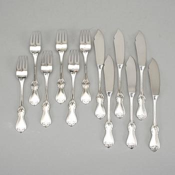 FISKBESTICK, 12 delar, nysilver, Olga, GAB, 1900-tal.
