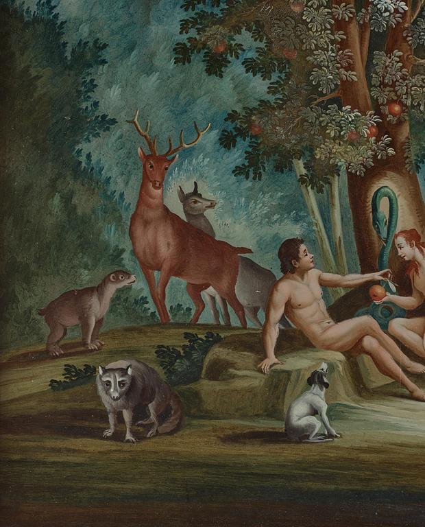 Glass painting, England, 18th century. "The Garden of Eden".