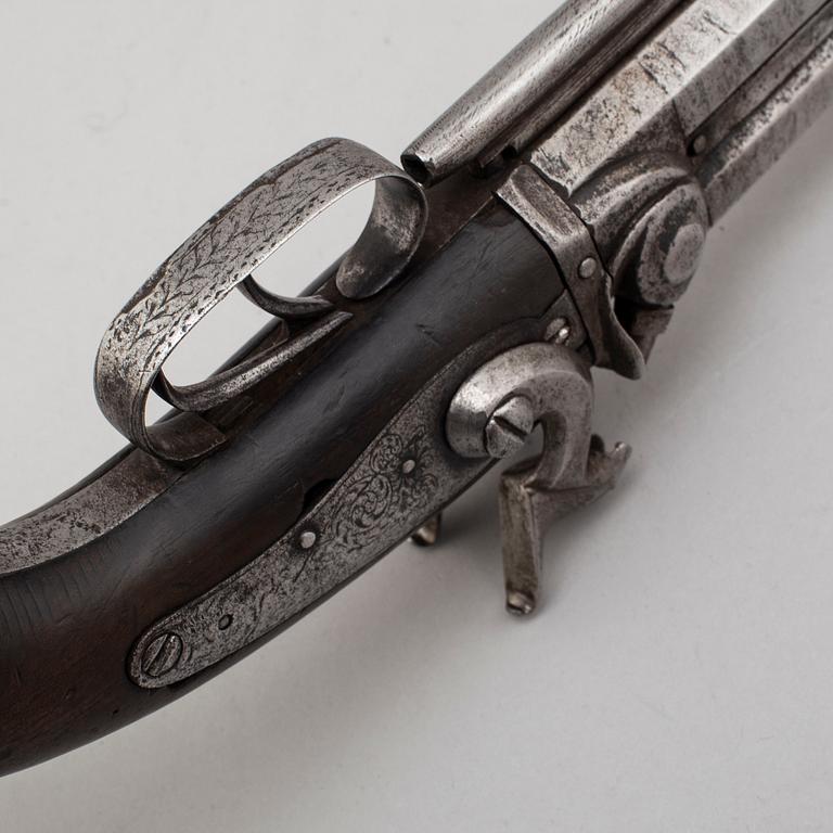 SLAGLÅSPISTOL, dubbelpipig bockmodell, 1800-talets andra hälft.