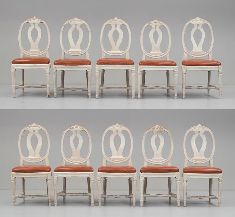 Ten matched Gustavian late 18th century chairs.