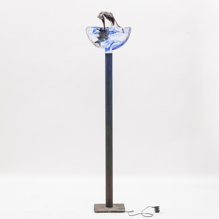 Kjell Engman, glass sculpture, seagull and fish in waves, Kosta Boda.