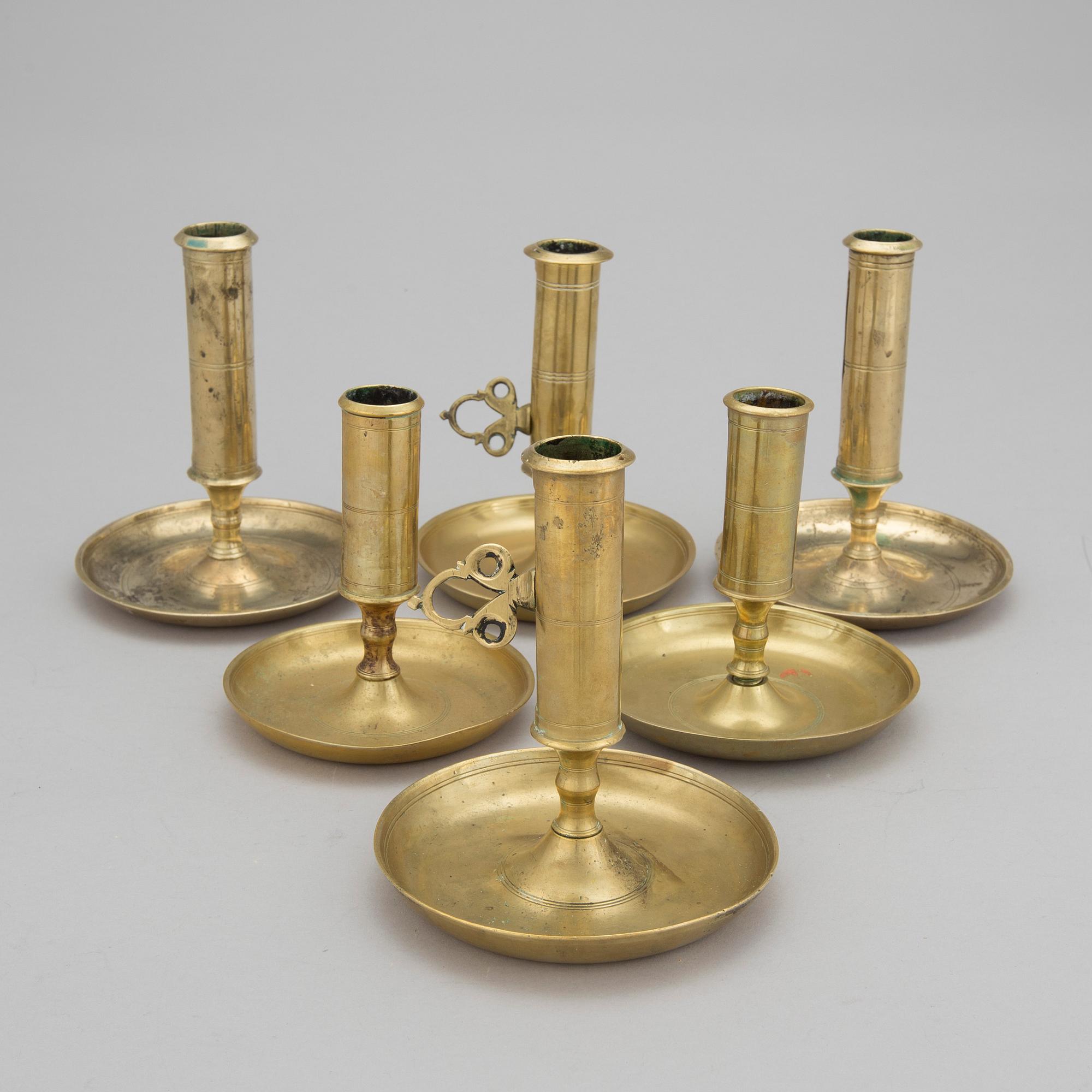 LJUSSTAKAR, 6 st, mässing, 1800-tal.
