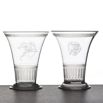 Simon Gate, two Swedish Grace engraved glass beakers, Orrefors, Sweden 1924.