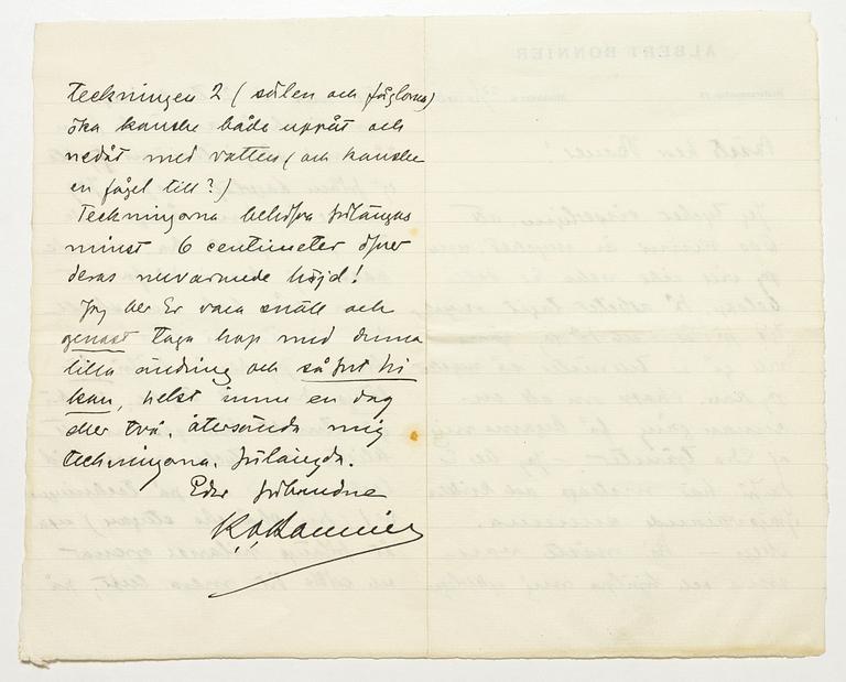 John Bauer, Tre brev mellan John Bauer och Bonniers om illustrationerna till Nils Holgersson.