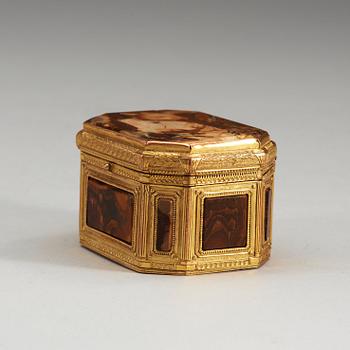 A gilt-brass, stone and glass box with double-folded lid with erotic scene. Louis XVI.