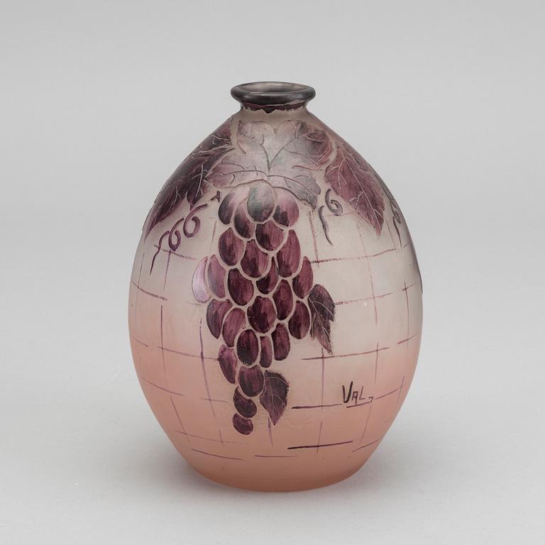 VERRERIES D'ART LORRAIN, a signed acid etched and enamelled glass vase.