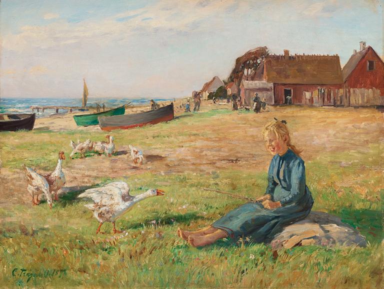 Carl Trägårdh, Girl with geese on a beach.