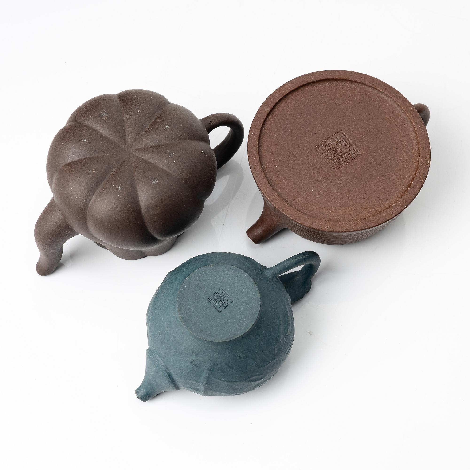 A group of three Chinese yixing 'gongfu' teapots, 1980s.