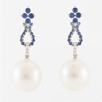 Earrings, a pair, 18K white gold with cultured South Sea pearls, sapphires, and brilliant-cut diamonds.