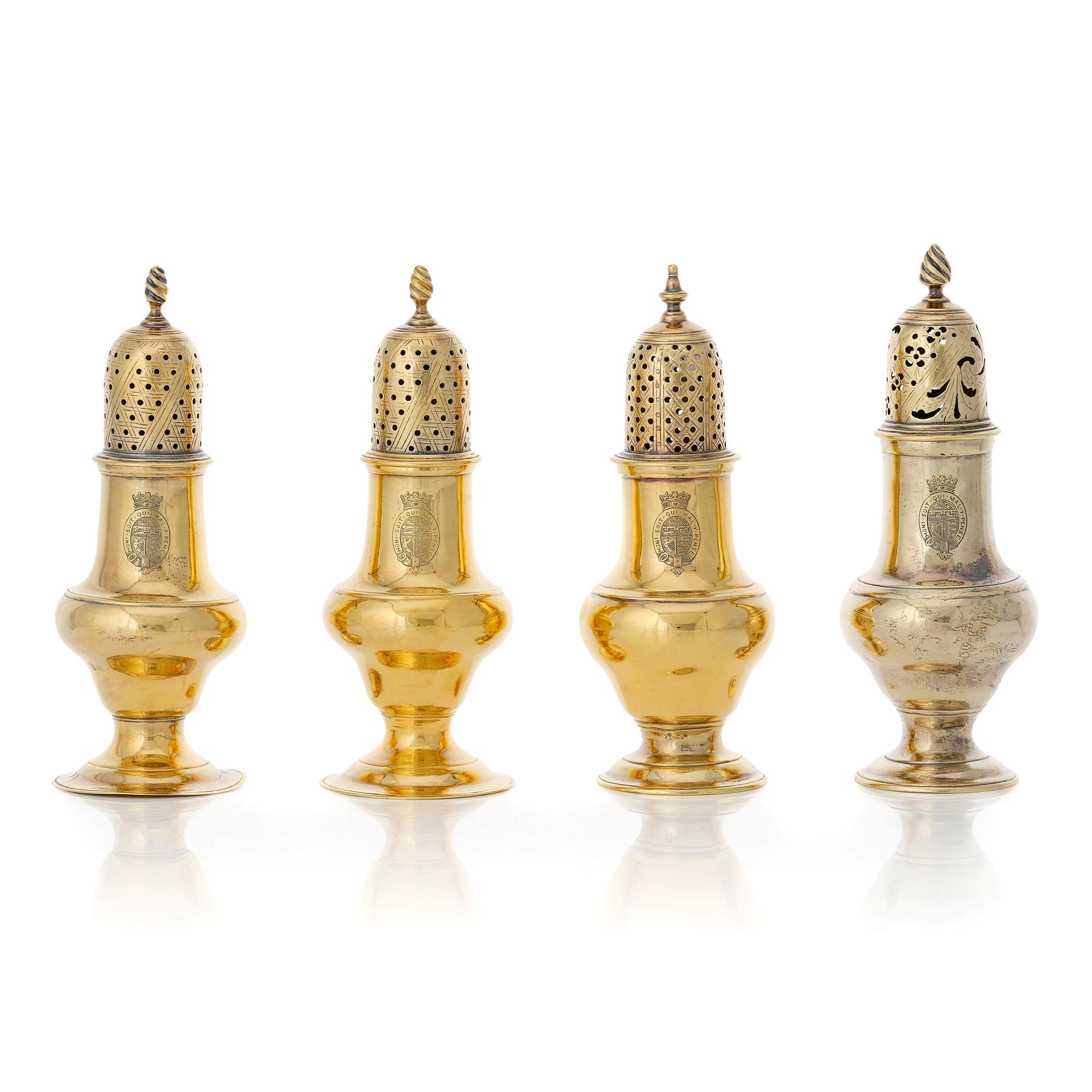 Four English 18th century silver-gilt caster-cruet, one pair marked Thomas Shepherd, 1790, one John Delmester 1760,
